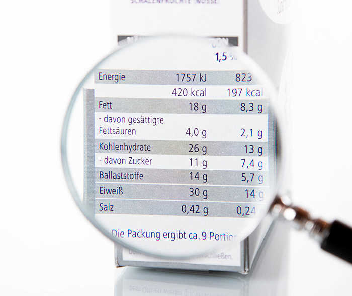 Leben mit NET: Die Inhaltsangabe einer Lebensmittelpackung unter einer Lupe