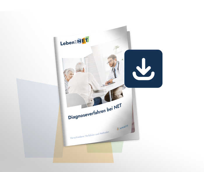Leben mit NET. Download Broschüre Diagnostik Das Teaserbild zeigt das Cover der Broschüre „Diagnostik bei NET" und ein Downloadsymbol.